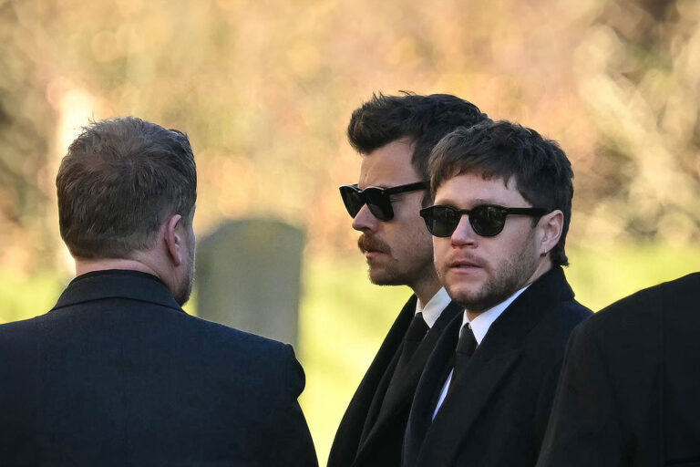 Former One Direction band members Harry Styles (C) and Niall Horan leave after attending the funeral service of the late One Direction singer Liam Payne, at a St Mary's church in Amersham, west of London on November 20, 2024. (JUSTIN TALLIS/AFP via Getty Images)