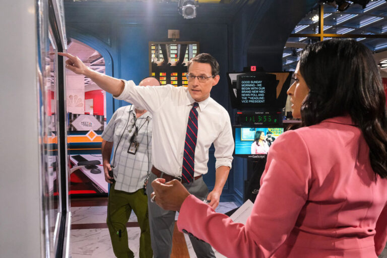 NBC News National Political Correspondent Steve Kornacki and moderator Kristen Welker appear on “Meet the Press” in Washington D.C., Sunday, Sep. 22, 2024. (William B. Plowman/NBC)