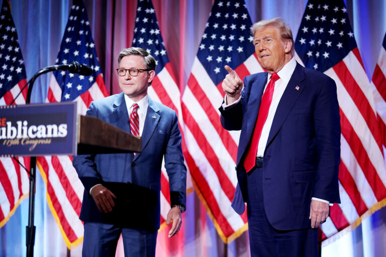 U.S. Speaker of the House Mike Johnson welcomes U.S. President-elect Donald Trump onstage at a House Republicans Conference meeting at the Hyatt Regency on Capitol Hill on November 13, 2024 in Washington, DC. (Andrew Harnik/Getty Images)