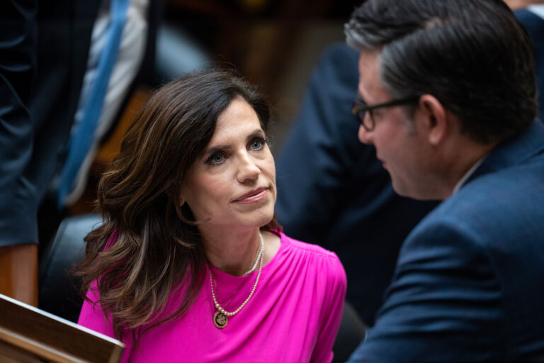 Rep. Nancy Mace, R-S.C., and Speaker of the House Mike Johnson, R-La., attend the House Oversight and Accountability hearing titled "Oversight of the U.S. Secret Service and the Attempted Assassination of President Donald J. Trump," in Rayburn building on Monday, July 22, 2024. Kimberly Cheatle, director, of the U.S. Secret Service, testified. (Tom Williams/CQ-Roll Call, Inc via Getty Images)