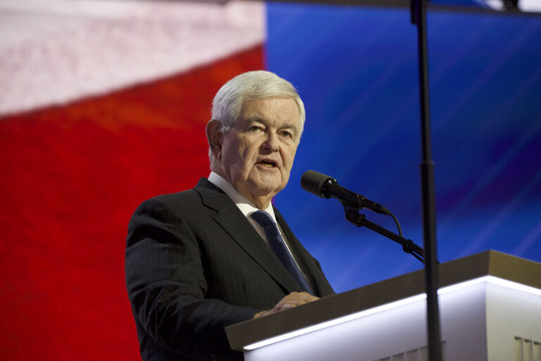 Newt Gingrich, former speaker of the US House of Representatives, speaks during the third day of Republican National Convention at the Fiserv Forum in Milwaukee, Wisconsin, United States, on July 17, 2024. (Jacek Boczarski/Anadolu via Getty Images)