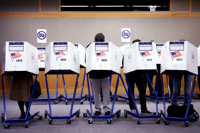 Voters fill out their ballots at a polling station in New York City on Election Day, November 5, 2024. (LEONARDO MUNOZ/AFP via Getty Images)