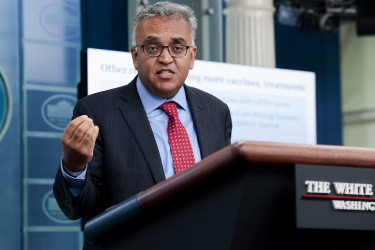White House Coronavirus Response Coordinator Dr. Ashish Jha gestures as he speaks at a daily press conference in the James Brady Press Briefing Room of the White House on April 26, 2022 in Washington, DC. (Photo by Anna Moneymaker/Getty Images)