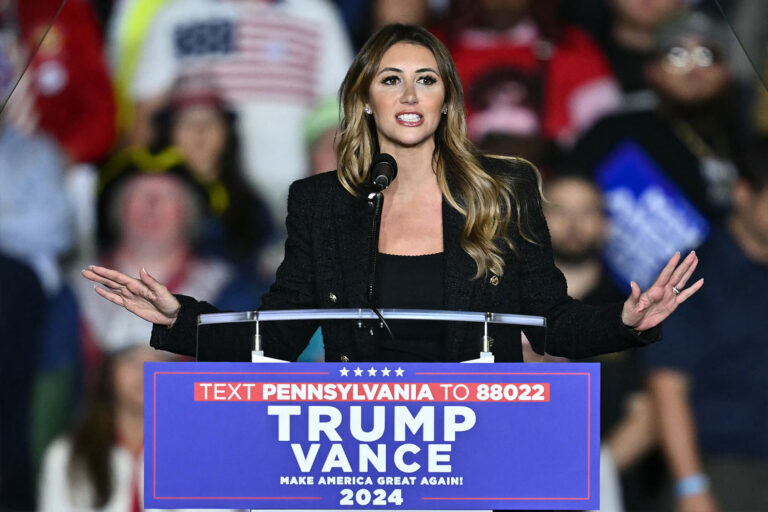 Trump lawyer Alina Habba speaks at a campaign rally for former US President and Republican presidential candidate Donald Trump at the PPL Center in Allentown, Pennsylvania, on October 29, 2024. (ANGELA WEISS/AFP via Getty Images)