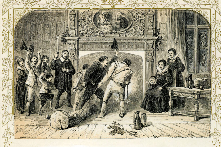 Ceremony for Christmas Eve by Birket Foster, 1872. The yule log, an illustration to the poem by 17th century English poet Robert Herrick. (Culture Club/Getty Images)