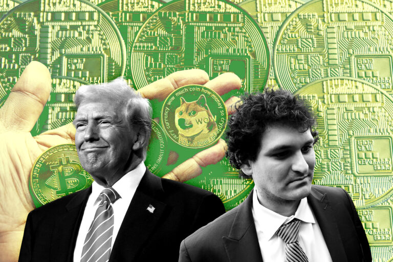 Donald Trump, Sam Bankman-Fried, and cryptocurrency coins Dogecoin, Bitcoin and Ethereum. (Photo illustration by Salon/Getty Images)