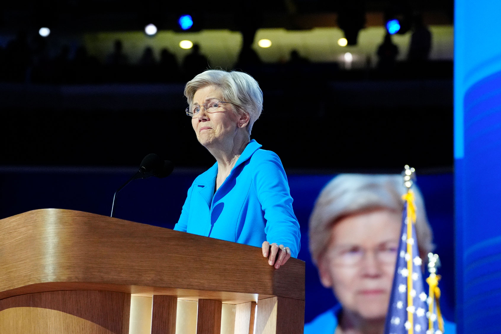 Sen. Elizabeth Warren (D-Mass.) speaks on day 4 of the Democratic National Convention at the United Center on August 22, 2024 in Chicago, Ill. (Melina Mara/The Washington Post via Getty Images)