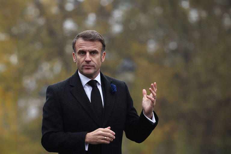 French President Emmanuel Macron walks towards the statue of Winston Churchill in Paris, on November 11, 2024, as part of the commemorations marking the 106th anniversary of the November 11, 1918, Armistice, ending World War I (WWI). (CHRISTOPHE PETIT TESSON/POOL/AFP via Getty Images)