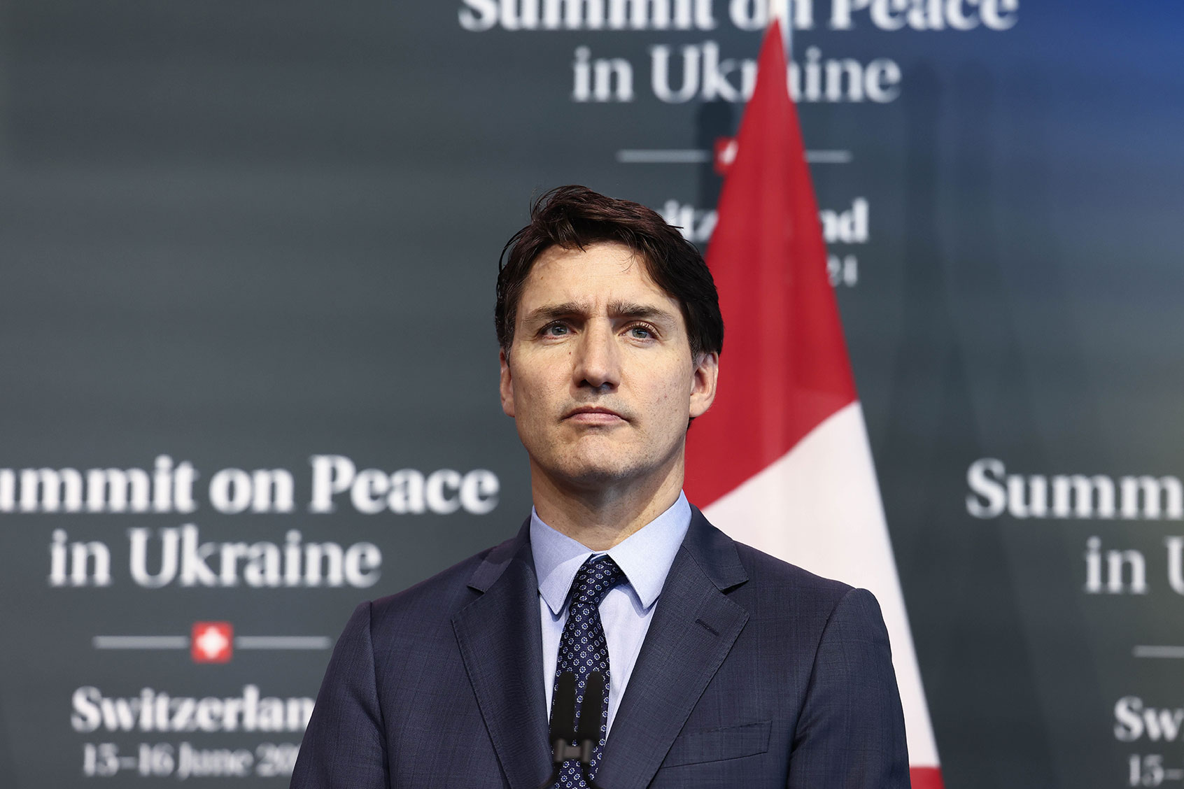 Canadian Prime Minister Justin Trudeau attends the closing press conference during the Summit on Peace in Ukraine on June 16, 2024 in Lucerne, Switzerland. (Sedat Suna/Getty Images)