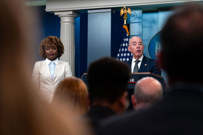 White House Press Secretary Karine Jean-Pierre listens as Secretary of Homeland Security Alejandro Mayorkas takes questions during the daily press briefing at the White House on October 1, 2024 in Washington, DC. (Kent Nishimura/Getty Images)
