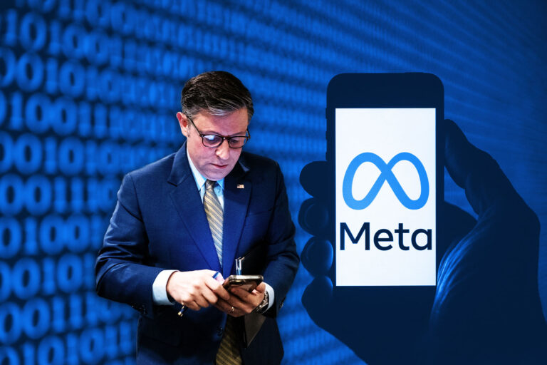 Mike Johnson and the Meta logo (Photo illustration by Salon/Getty Images)