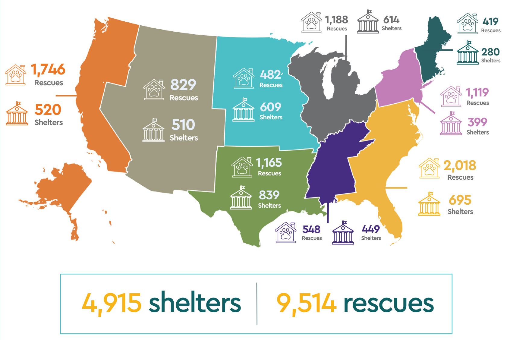 Map the United States showing shelter and rescue numbers