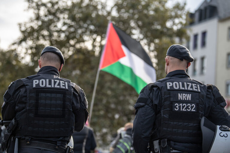 Police take security measures as people gather to protest against Israel's attacks on Gaza ahead of the first anniversary of the Israeli attacks on Oct. 7, on October 06, 2024, in Cologne, Germany. (Hesham Elsherif/Anadolu via Getty Images)