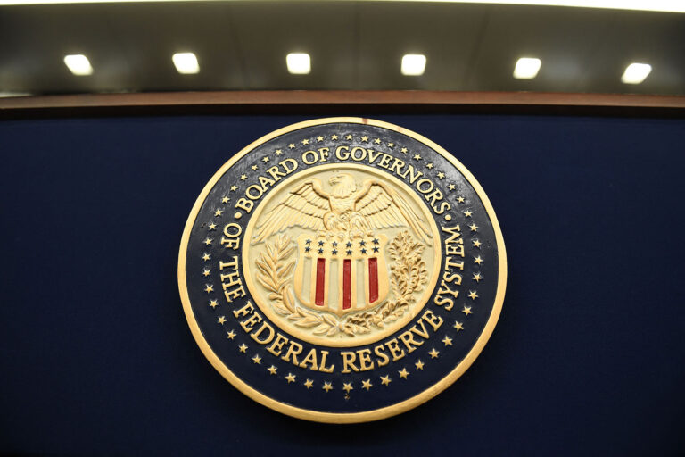 The seal of the Board of Governors of the Federal Reserve System, in Washington, DC. (OLIVIER DOULIERY/AFP via Getty Images)