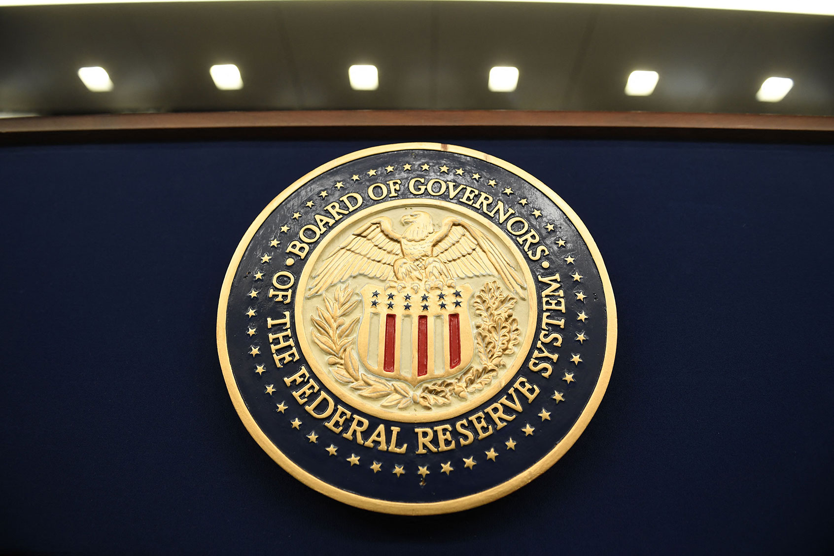 The seal of the Board of Governors of the Federal Reserve System, in Washington, DC. (OLIVIER DOULIERY/AFP via Getty Images)
