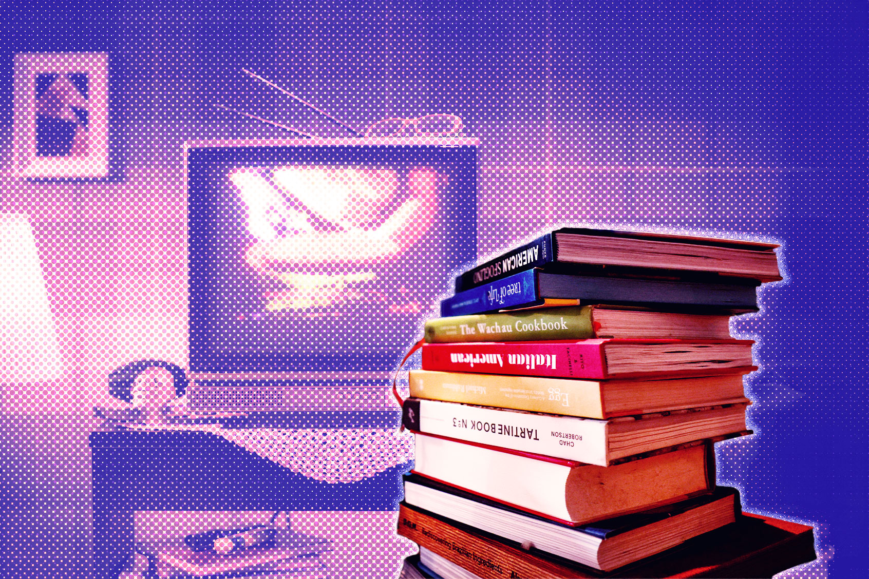 Stack of cookbooks by a television (Photo illustration by Salon/Getty Images)