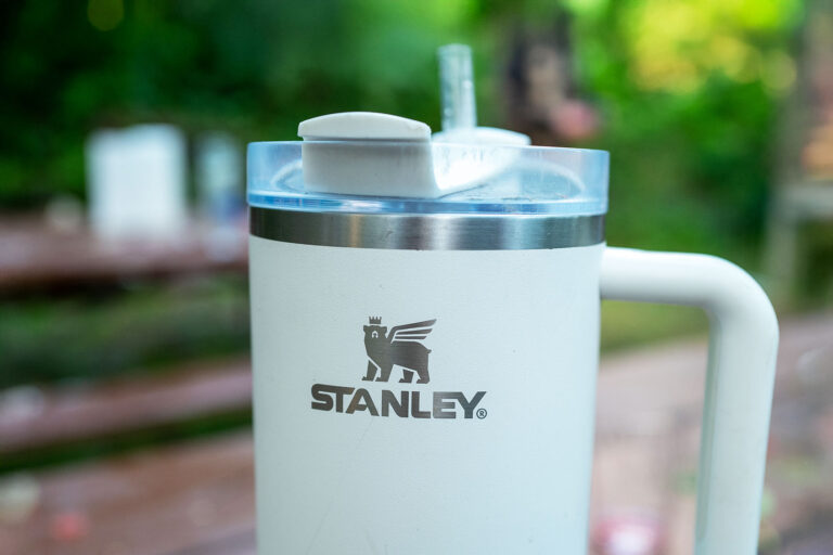 Close-up of logo on Stanley branded tumbler or water bottle. (Smith Collection/Gado/Getty Images)