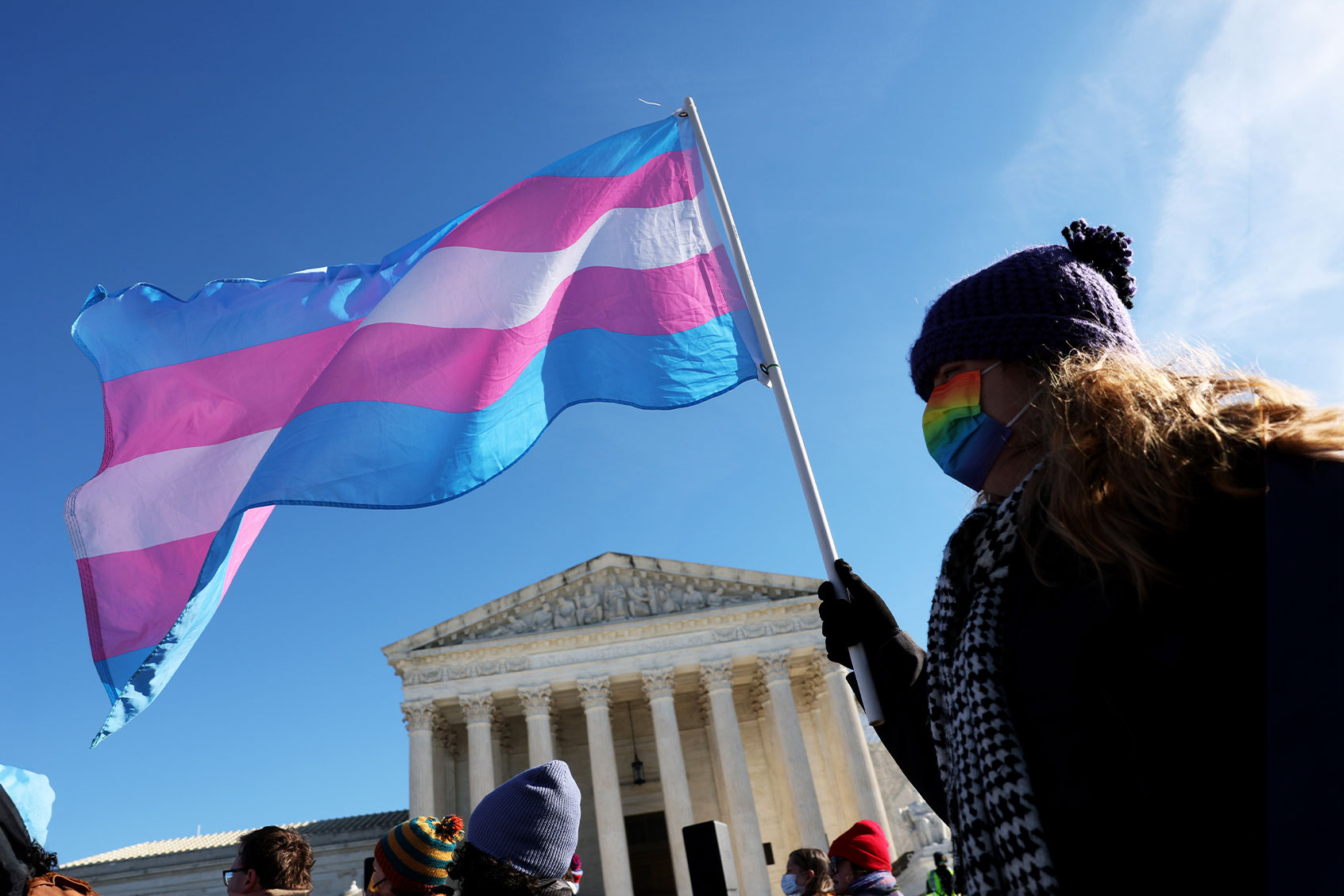 A transgender rights supporter takes part in a rally outside of the U.S. Supreme Court as the high court hears arguments in a case on transgender health rights on December 04, 2024 in Washington, DC. (Kevin Dietsch/Getty Images)
