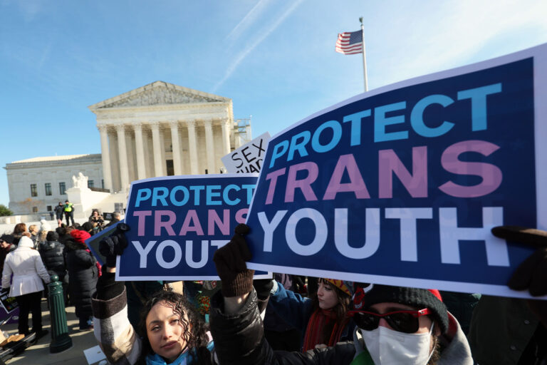 Transgender rights supporters and opponent rally outside of the U.S. Supreme Court as the high court hears arguments in a case on transgender health rights on December 04, 2024 in Washington, DC. (Kevin Dietsch/Getty Images)