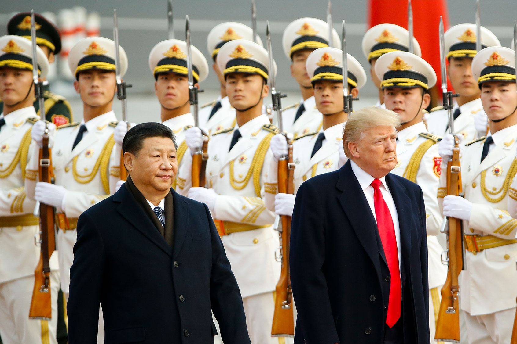 U.S. President Donald Trump takes part in a welcoming ceremony with China's President Xi Jinping on November 9, 2017 in Beijing, China. (Thomas Peter-Pool/Getty Images)
