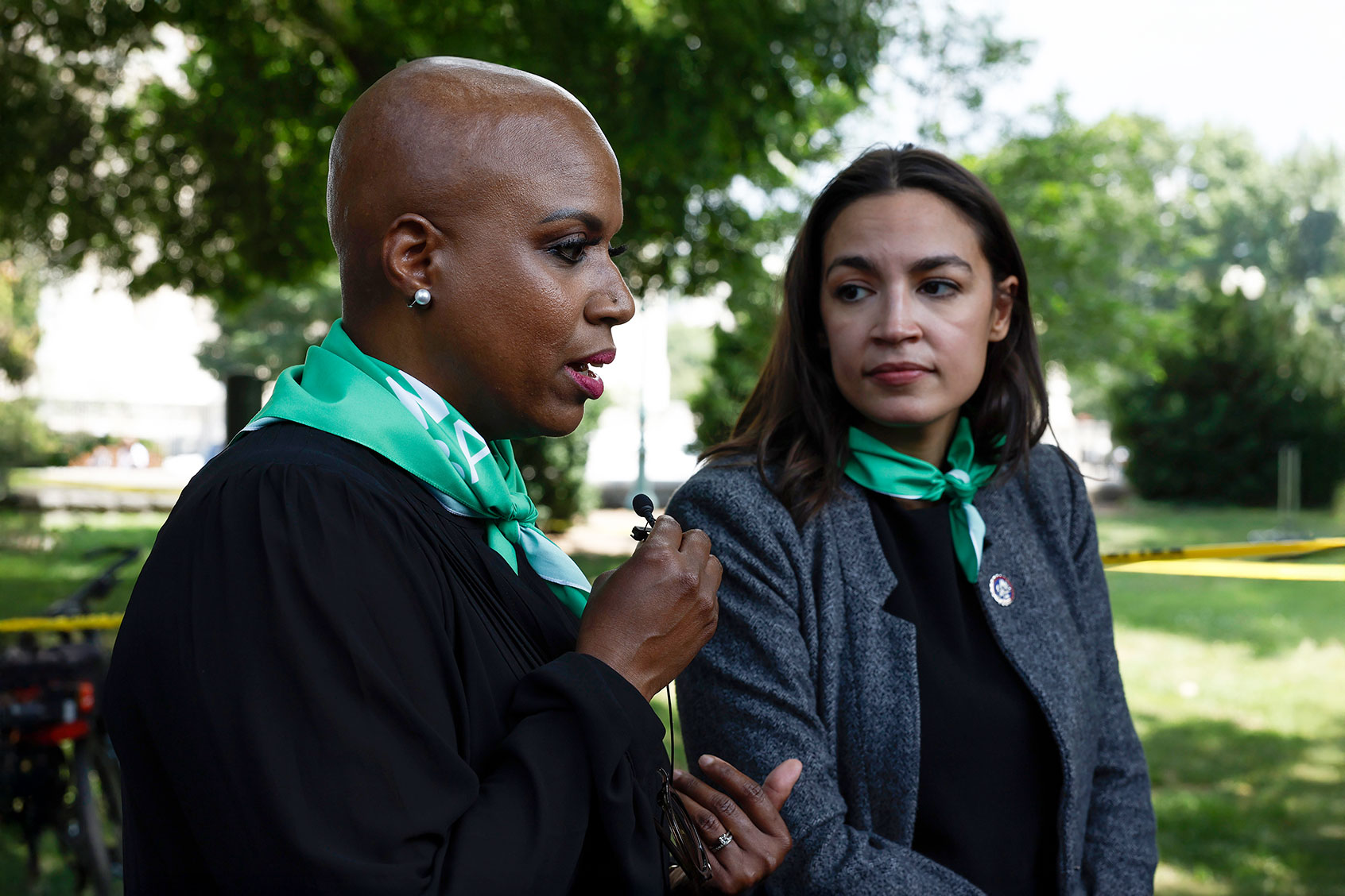 Rep. Ayanna Pressley (D-MA) and Rep. Alexandria Ocasio-Cortez (D-NY) speak to reporters after being arrested alongside activists from Center for Popular Democracy Action (CPDA) in front of the U.S. Supreme Court Building on July 19, 2022 in Washington, DC. (Anna Moneymaker/Getty Images)