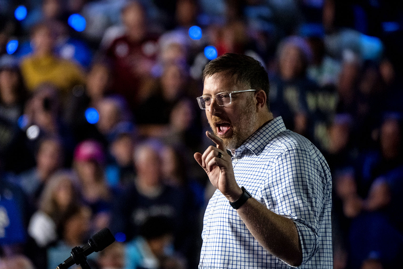 Democratic Party of Wisconsin Chair Ben Wikler speaks before Vice President Kamala Harris' visit at the Resch Expo in Ashwaubenon, Wisconsin, on Thursday, October 17, 2024. (Joel Angel Juarez for The Washington Post via Getty Images)