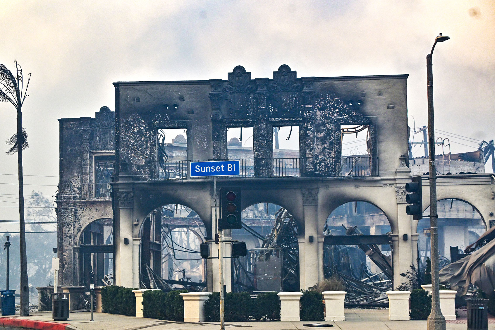 A burned building on Sunset Boulevard during the Palisades Fire on Wednesday, January 8, 2025, in Pacific Palisades, CA. (Photo by (Jeff Gritchen/MediaNews Group/Orange County Register via Getty Images)