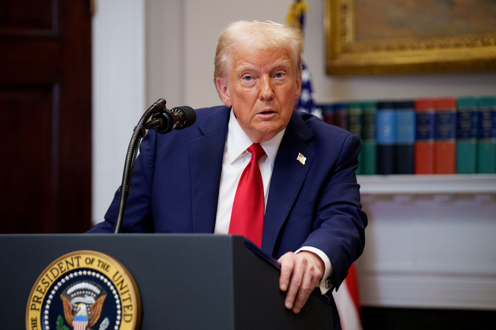 U.S. President Donald Trump takes a question from a reporter during a news conference in the Roosevelt Room of the White House on January 21, 2025 in Washington, DC. (Andrew Harnik/Getty Images)