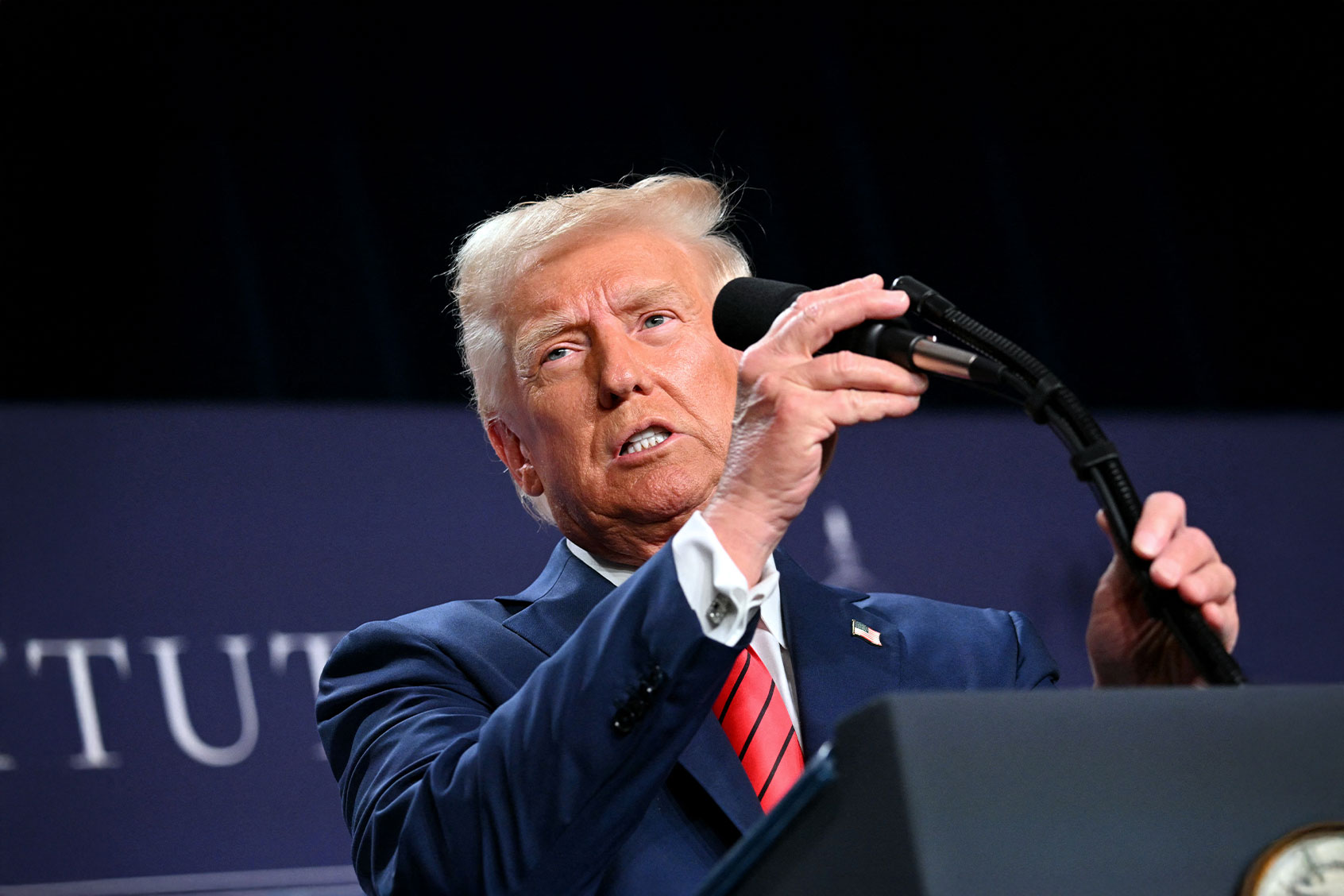 US President Donald Trump delivers remarks at the House Republican Members Conference Dinner at Trump National Doral Miami, in Miami, Florida on January 27, 2025. (MANDEL NGAN/AFP via Getty Images)