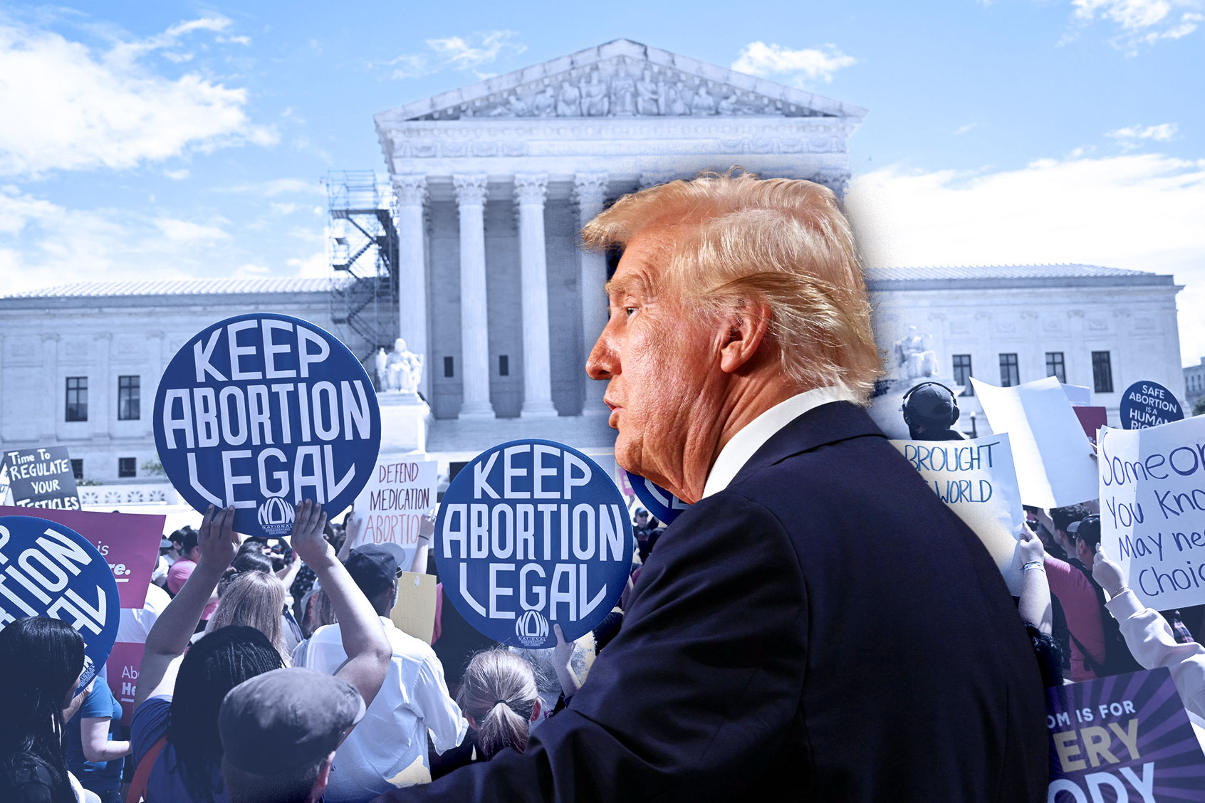 Donald Trump VS demonstrators rallying in support of abortion rights at the US Supreme Court in Washington, DC. (Photo illustration by Salon/Getty Images)