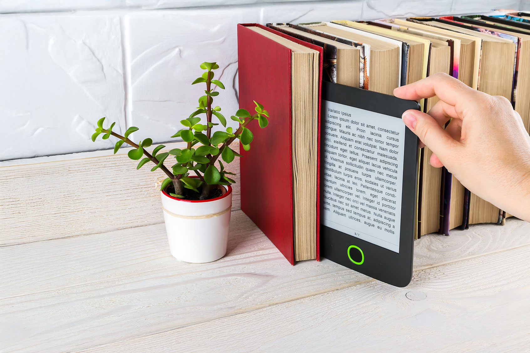 E-Book E-Reader with books and potted plant