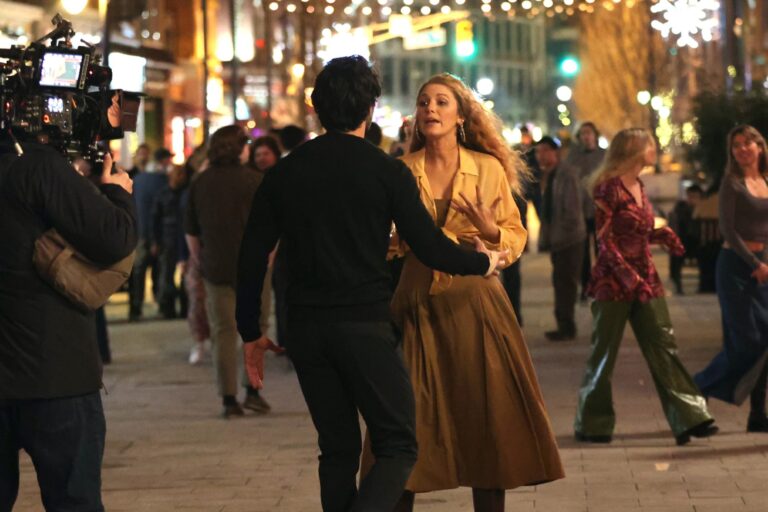 Justin Baldoni and Blake Lively are seen on the set of 'It Ends with Us' on January 12, 2024 in Jersey City, New Jersey. (Jose Perez/Bauer-Griffin/GC Images)