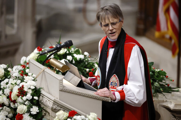 Bishop Mariann Edgar Budde delivers a sermon during the National Prayer Service at Washington National Cathedral on January 21, 2025 in Washington, DC. Tuesday marks Trump's first full day of his second term in the White House. (Photo by Chip Somodevilla/Getty Images)