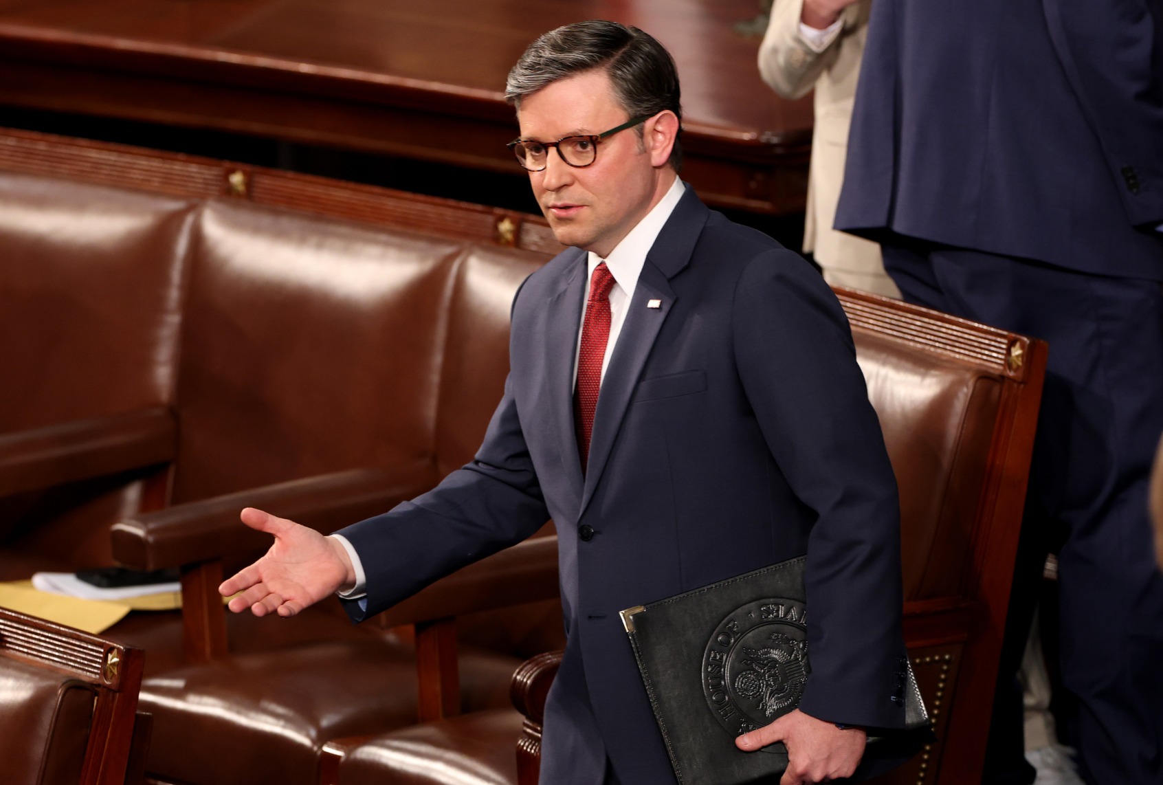 Speaker Mike Johnson (R-LA) arrives for the first day of the 119th Congress in the House Chamber of the U.S. Capitol Building on January 03, 2025 in Washington, DC. (Win McNamee/Getty Images)