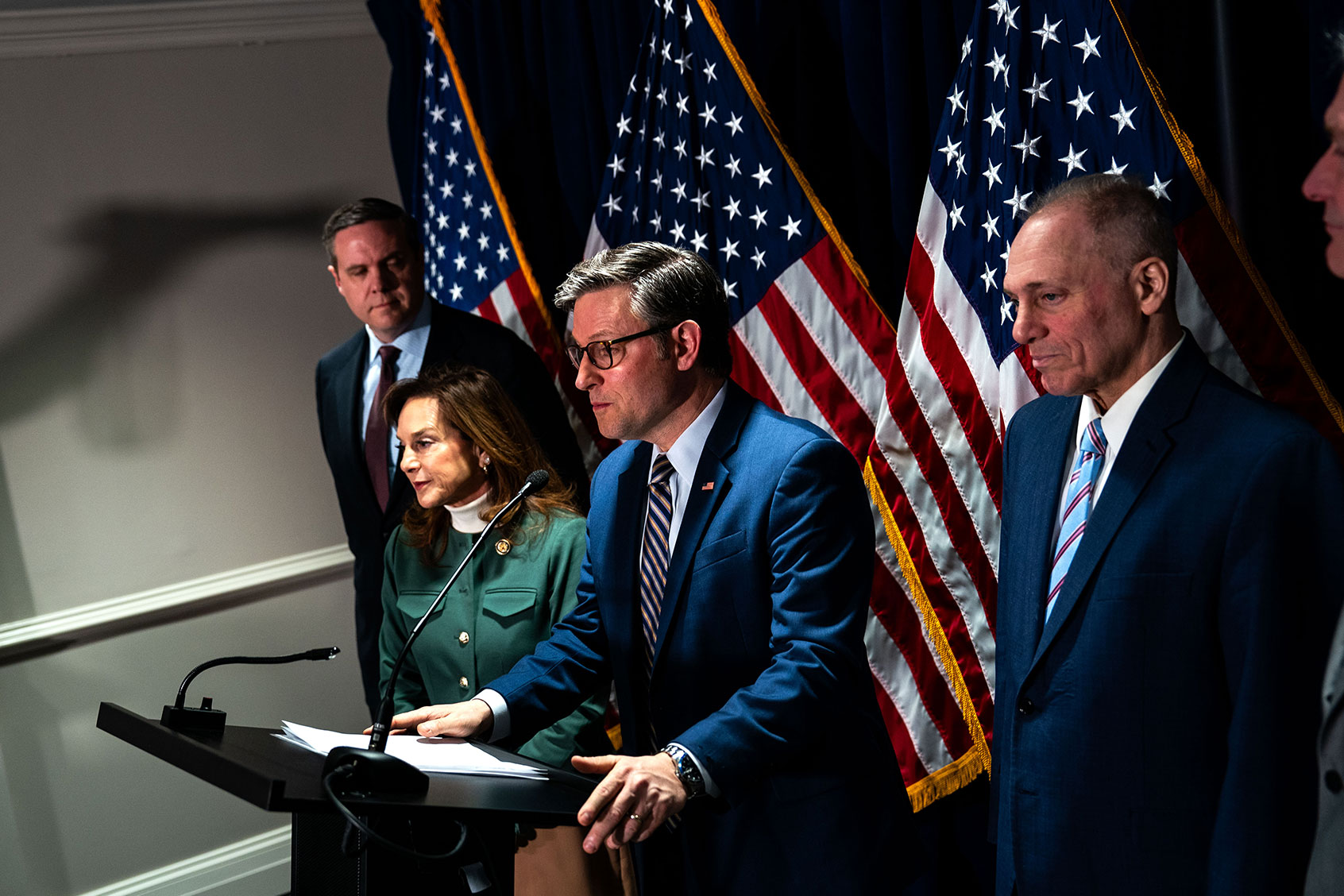 U.S. Speaker of the House Mike Johnson (R-LA), flanked by Rep. Jeff Hurd (R-CO), Rep. Lisa McClain (R-MI), Rep. Steve Scalise (R-LA) and Rep. Tom Emmer (R-MN) speaks during a news conference on Capitol Hill on January 22, 2025 in Washington, DC. (Kent Nishimura/Getty Images)
