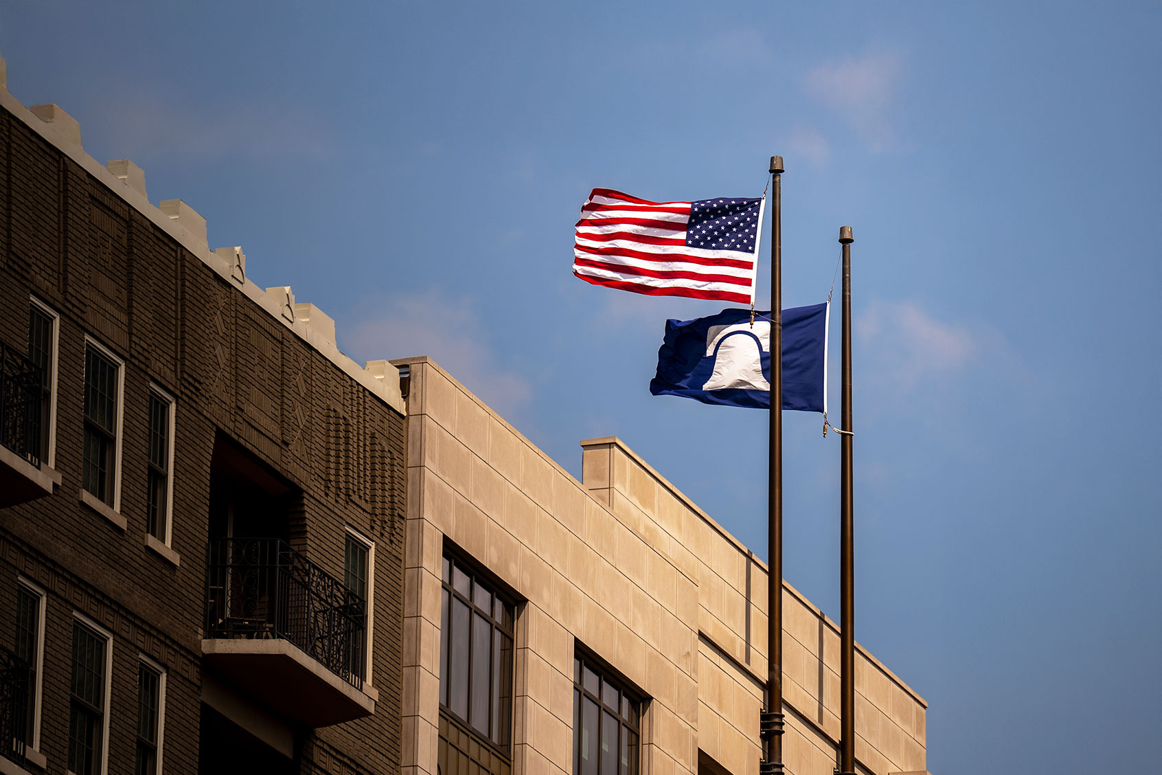 The Heritage Foundation flag flies over the building on July 30, 2024 in Washington, DC. (Andrew Harnik/Getty Images)