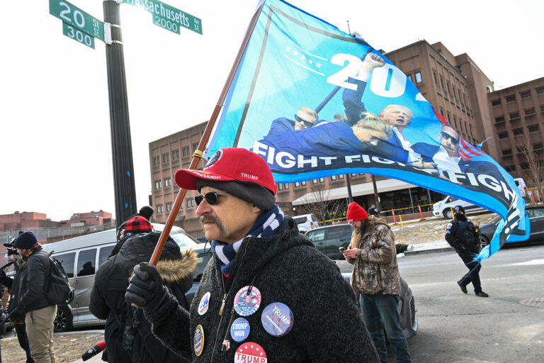 Supporters of US President Donald Trump gather outside of the DC Central Detention Facility, where some defendants from the January 6, 2021 attack on the US Capitol are being held.