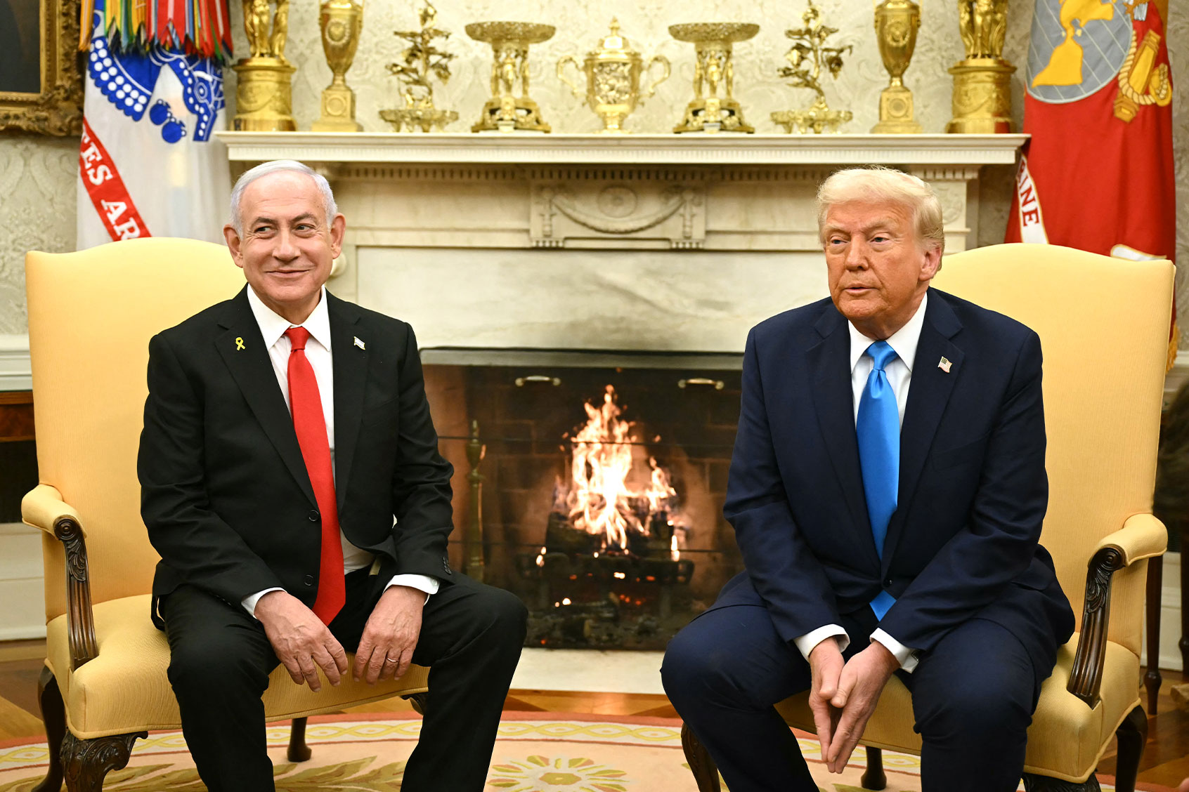 US President Donald Trump (R) meets with Israel's Prime Minister Benjamin Netanyahu in the Oval Office of the White House in Washington, DC, on February 4, 2025. (ANDREW CABALLERO-REYNOLDS/AFP via Getty Images)