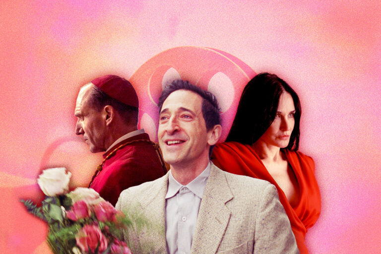 Ralph Fiennes of "Conclave," Adrien Brody of "The Brutalist," and Demi Moore of The Substance (Photo illustration by Salon/A24/Focus Features/MUBI)