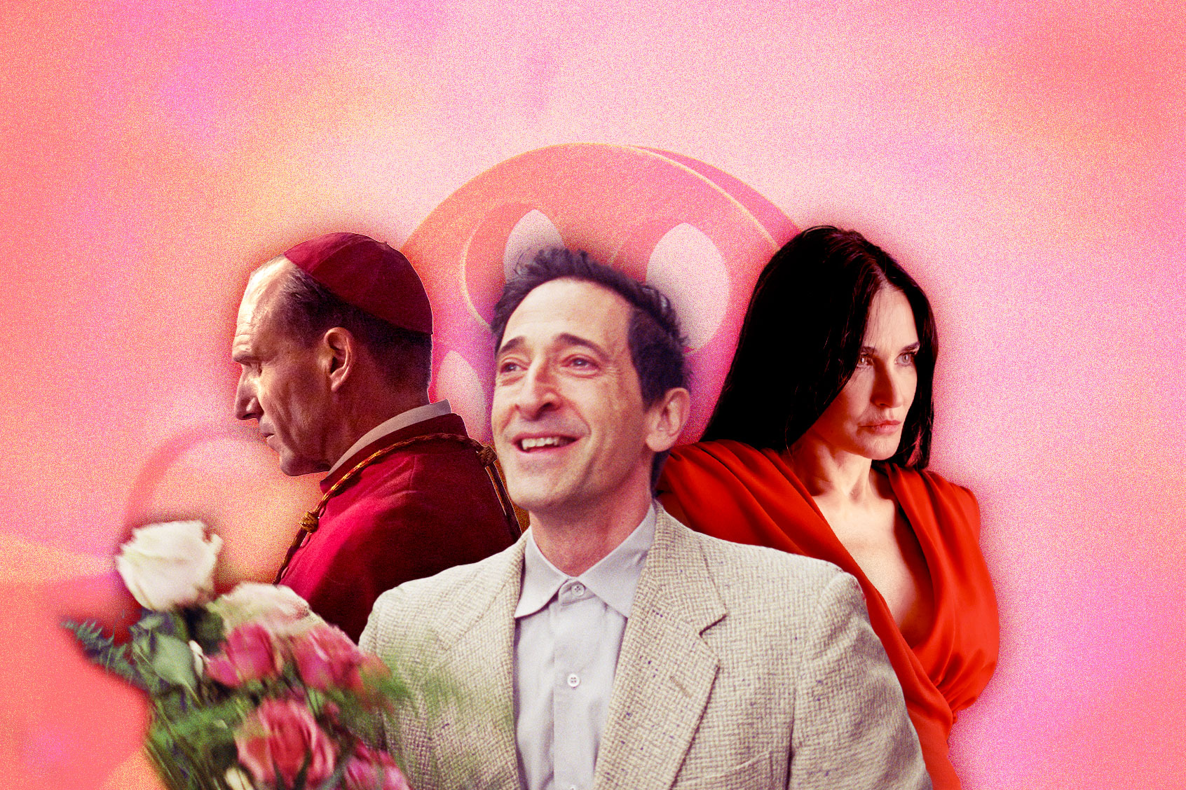 Ralph Fiennes of "Conclave," Adrien Brody of "The Brutalist," and Demi Moore of The Substance (Photo illustration by Salon/A24/Focus Features/MUBI)