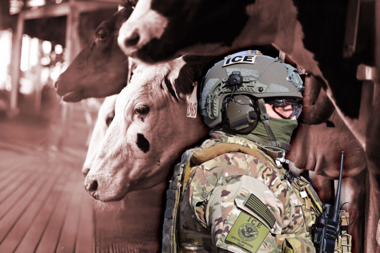 Cows at the Cornell Teaching Dairy Barn at Cornell University, and a member of the U.S. Immigration and Customs Enforcement. (Photo illustration by Salon/Getty Images)