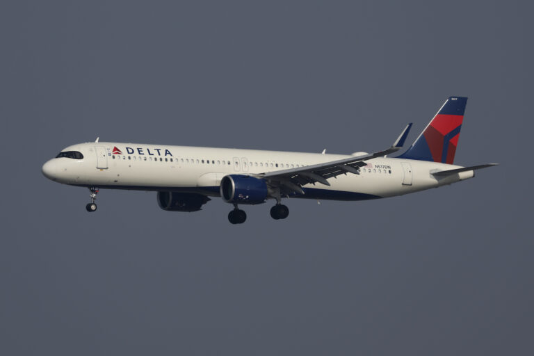 A Delta Airlines Airbus A321-271NX aircraft approaches Los Angeles International Airport (LAX) for a landing from Orlando on January 4, 2025 in Los Angeles, California. (Photo by Kevin Carter/Getty Images)