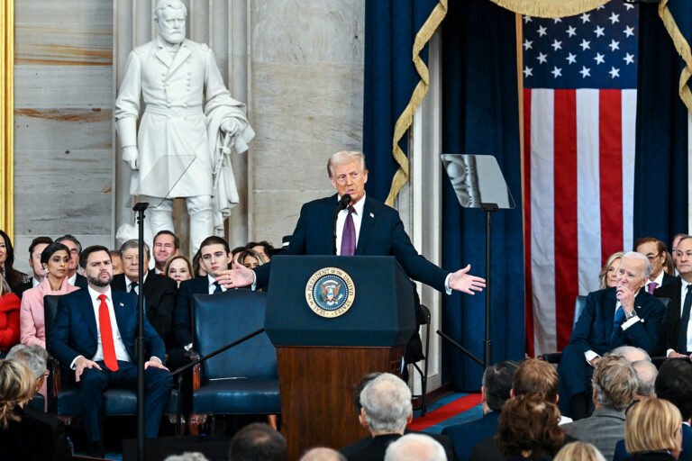 U.S. President Donald Trump speaks Vice President JD Vance, President Joe Biden, Vice President Kamala Harris look on during his inauguration in the U.S. Capitol Rotunda on January 20, 2025 in Washington, DC. (Kenny Holston-Pool/Getty Images)