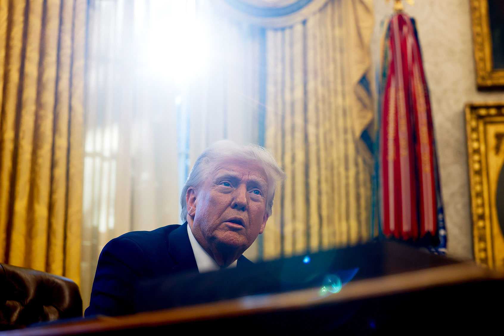 U.S. President Donald Trump speaks with reporters in the Oval Office of the White House on February 04, 2025 in Washington, DC. (Anna Moneymaker/Getty Images)
