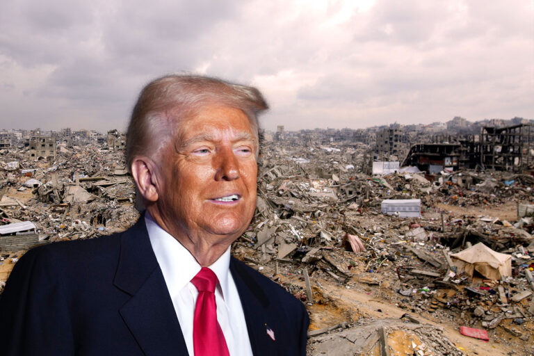 Donald Trump and a view of the widespread destruction in Gaza, Jabalia. (Photo illustration by Salon/Getty Images)