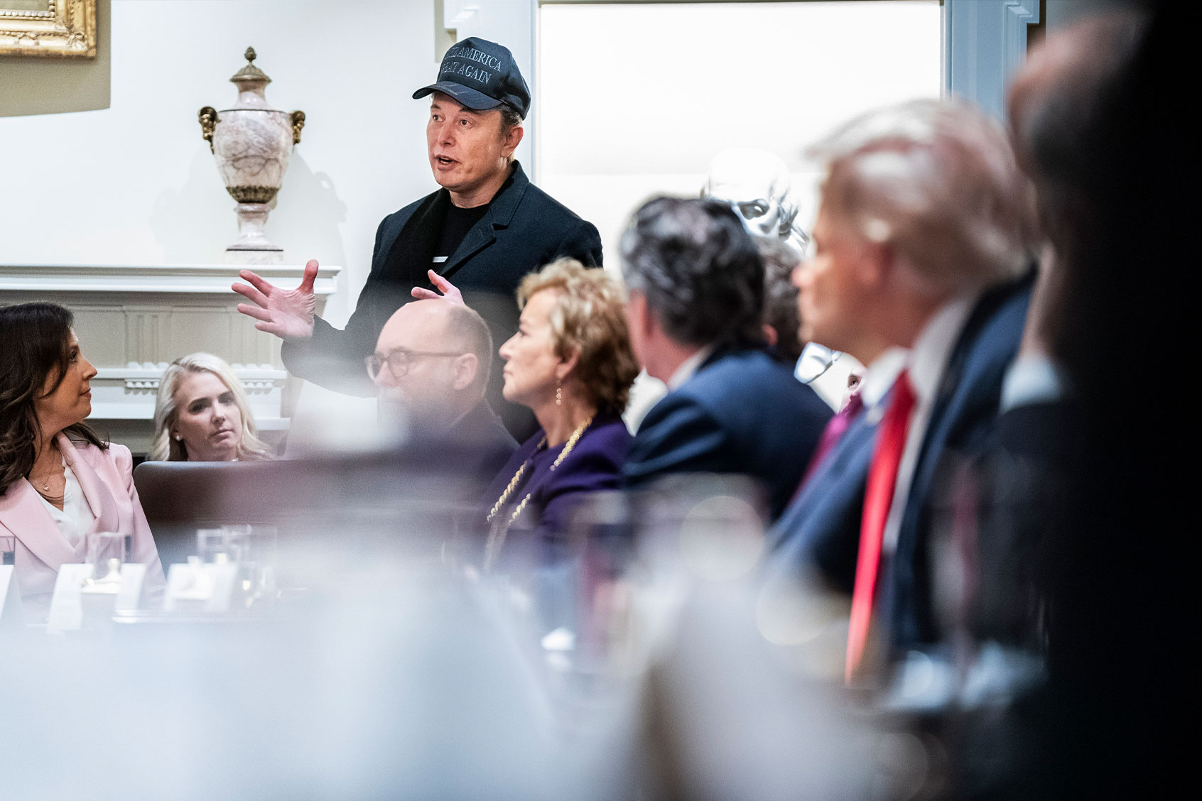 Elon Musk, Department of Government Efficiency leader, speaks at the first cabinet meeting of President Donald J Trump's second term at the White House on Wednesday, Feb 26, 2025 in Washington, DC. (Jabin Botsford/The Washington Post via Getty Images)