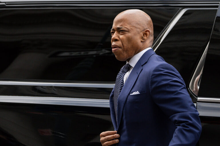 New York City Mayor Eric Adams arrives for a court hearing at Thurgood Marshall Courthouse on February 19, 2025 in New York City. (Eduardo Munoz Alvarez/Getty Images)