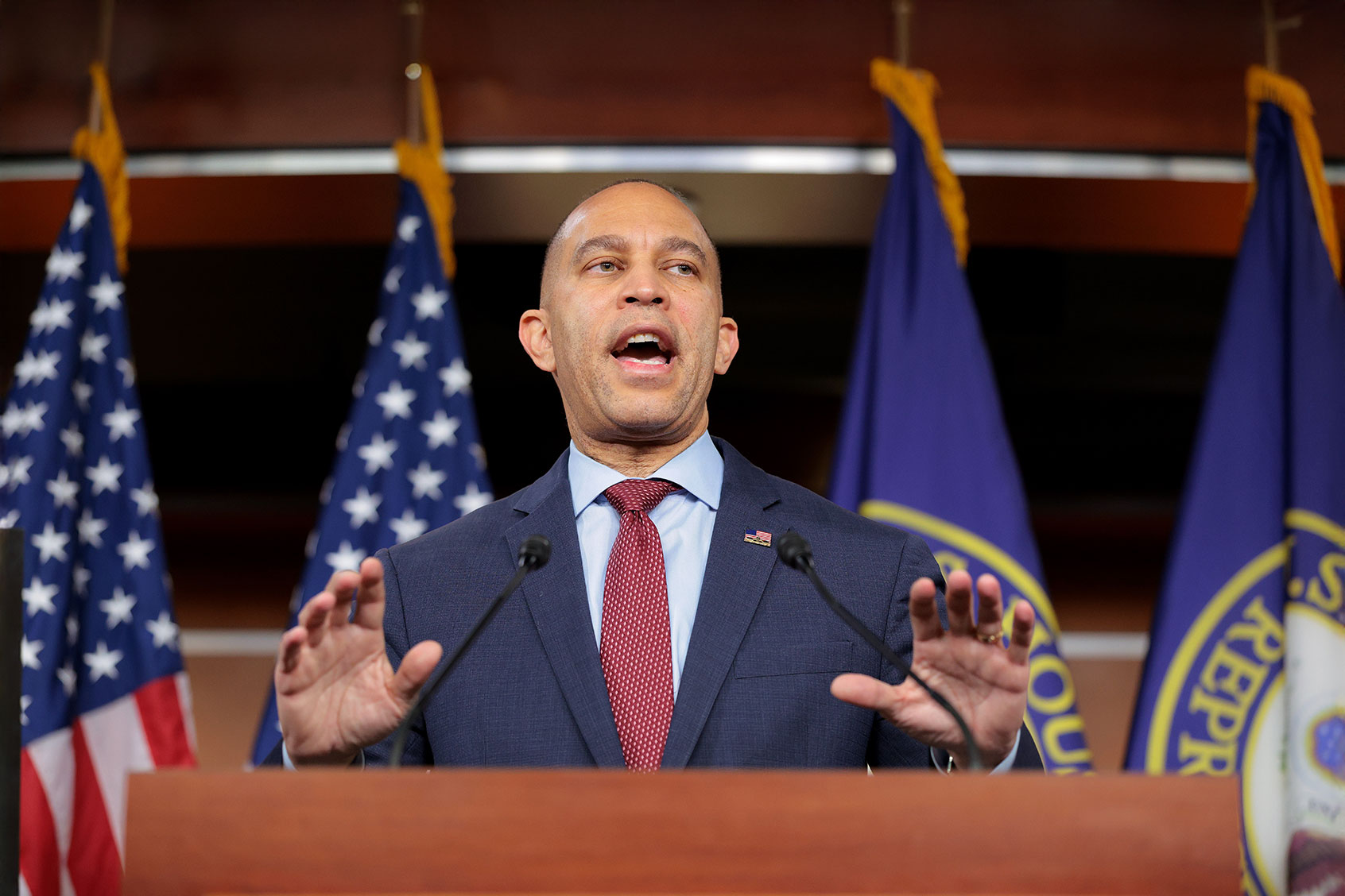 U.S. House Minority Leader Hakeem Jeffries (D-NY) speaks at a press conference at the U.S. Capitol on February 13, 2025 in Washington, DC. (Kayla Bartkowski/Getty Images)