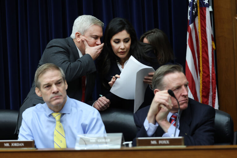 U.S. Rep. James Comer (R-KY) (L), Chairman of the House Oversight and Reform Committee, talks to Rep. Anna Paulina Luna (R-FL) as Rep. Jim Jordan (R-OH) and Rep. Paul Gosar (R-AZ) sit in front during a meeting of the House Oversight and Reform Committee in the Rayburn House Office Building on January 31, 2023 in Washington, DC. (Kevin Dietsch/Getty Images)