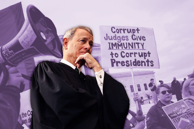 Justice John Roberts and a protest in front of the Supreme Court building (Photo illustration by Salon/Getty Images)